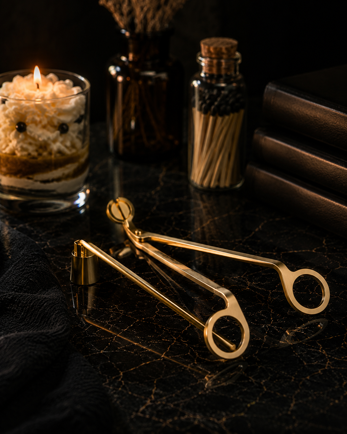Goldenes Kerzenpflege-Set Kerzenlöscher & Dochtschere