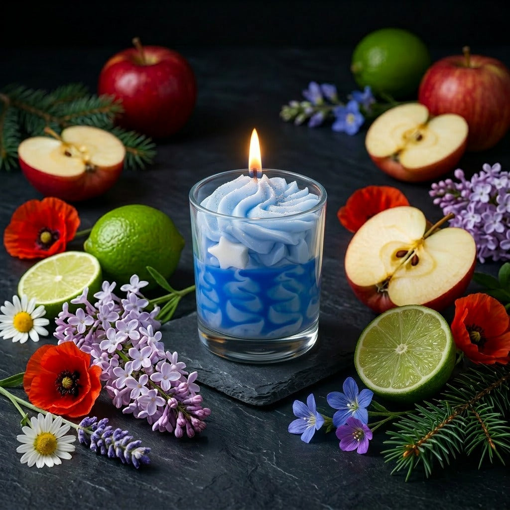 Handgefertigte Duftkerze mit Apfel, Limette und Feldblumen